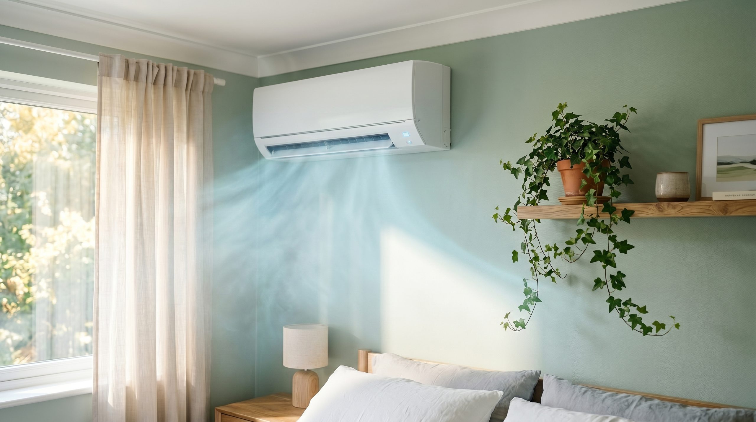Modern air conditioning unit installed on a green wall in a cozy bedroom with a bed Image shows an air conditioning unit installed in a modern home